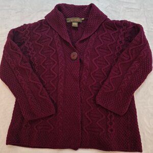 Inis Crafts Merino Wool Aran Cable Knit Cardigan Sweater Womens M Ireland